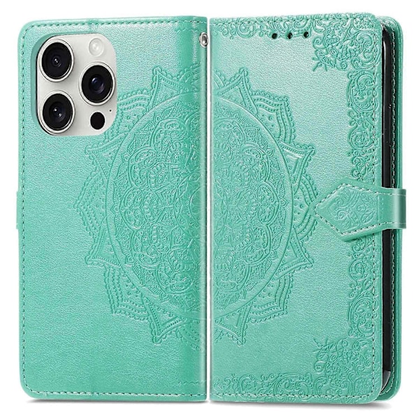 Til iPhone 16 Pro Max Wallet Case Mandala Blomst Læder Telefon Cover Stativ Vis - Multicolor Green