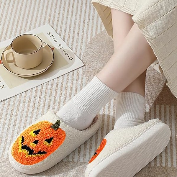 Halloween Tøfler til Kvinder Bløde Plys Hyggelige Halloween Græskar Tøfler Skrig Tøfler Slip-on Hyggelige Indendørs Ghost Face Tøfler 8-9