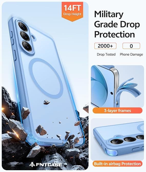 FNTCASE for Samsung Galaxy S26 Plus Case with Screen Protector, MagSafe Compatible, Translucent Matte, Full Camera Protection, Shockproof Light blue
