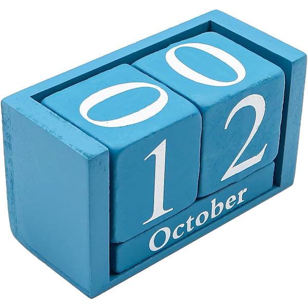 Vintage trækalender Træblok Chic evigvarende kalender Måned Dato Digital display Dekoration Velegnet til hjemmekontor (Blå)