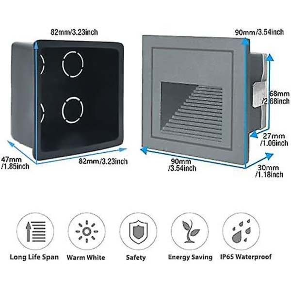 Arotelicht 4-pakning 3W LED-innfelt lys 120V trinnlys varmt hvitt 3000K IP65 vanntett innfelt vegglys trappelyslampe, innendørs utendørs hage