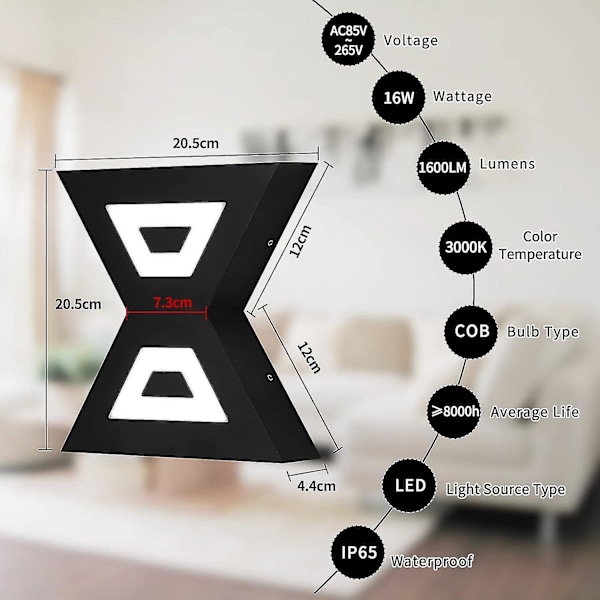 16w moderne LED utendørs vegglampe, utendørs veggbelysning i aluminium og akryl Ip65 vanntett, varm hvit 3000k for hagekorridor soverom, svart