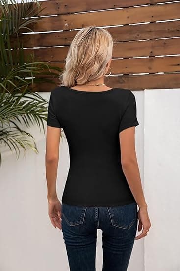 Sommer Dame Scoop Neck Kortærmede Skjorter Ribbet Slank Pasform Afslappet Basic Top Bluser