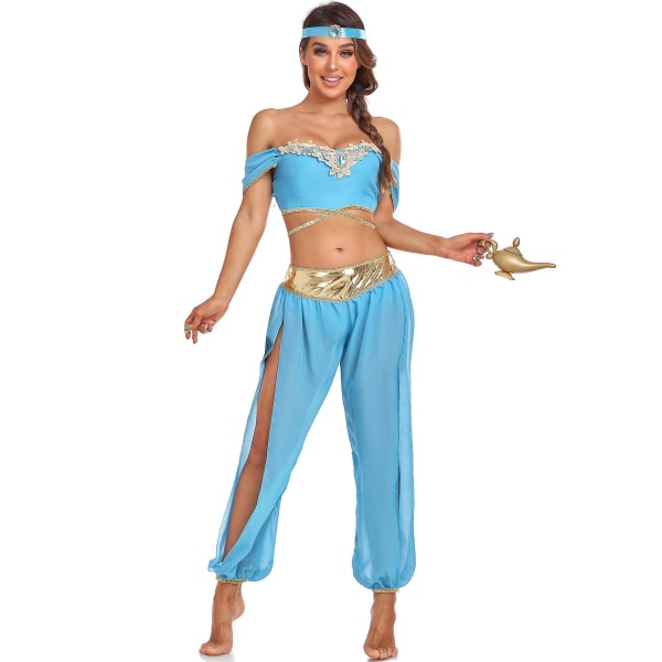 Sexet Aladdin Genie Lampe Jasmine Prinsesse Skørt Cos Tøj Festival Fest Kostume Sky Blue M