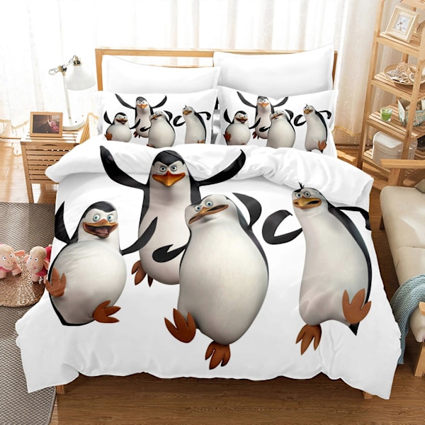 v432 Sengetøy med tegneseriepingviner fra Madagaskar, Dynetrekksett, Dynetrekk, Putetrekk, King Queen Twin Size Gutter Jenter Voksne 3-delt Sengesett 200x200cm 78x78in
