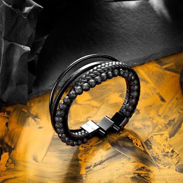 Herr Armband Läder Flätad Natursten Lava Onyx Svart Blå Brun Armband med Magnetlås Present till Män