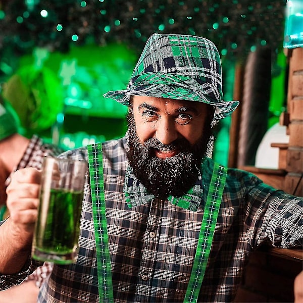 3 st St Patrick's Day hatt grönrutig tyg Fedora hatt fluga och hängslen St Patrick's Day kostymer tillbehör