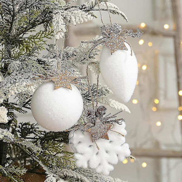 3 st julgranskulor julgranshängande, vit snöscen, skum snöklockdekoration  Bd