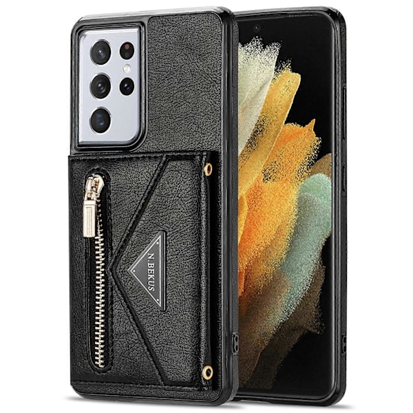 N.BEKUS för Samsung Galaxy S21 Ultra 5G Dubbelskyddande PU-läder + TPU Kickstand Design Plånboksmobilfodral - Black