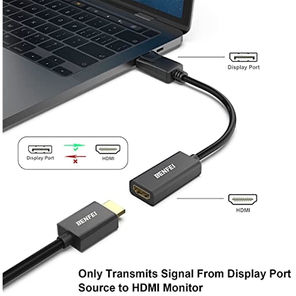 Displayport til Hdmi-adapter  Benfei Dp(Displayport) hann til Hdmi hunn-konverter med lyd for Lenovo  Dell  Hp  Asus og andre merker(dp til Hdmi)