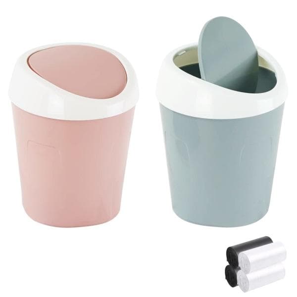 2 Små søppelbøtter Mini skrivebordssøppelbøtte (blå, rosa)