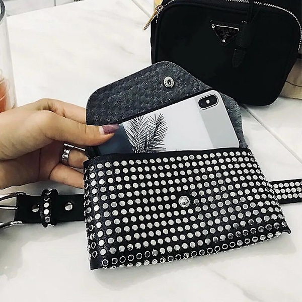 Fashion Rivet Lyxig Designer Fanny Pack Liten Dam Midjeväska Telefonficka Punk Bältesväska Dam Party Handväska Kväll Dag Clutches Fanny Packs Brown