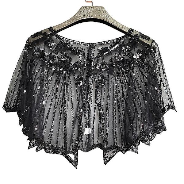 1920-talets Flapper-kostymsjal Wraps Paljetter Glitter Pärlbroderad Aftoncape Brud Sjal Bolero Flapper Cover Up Black