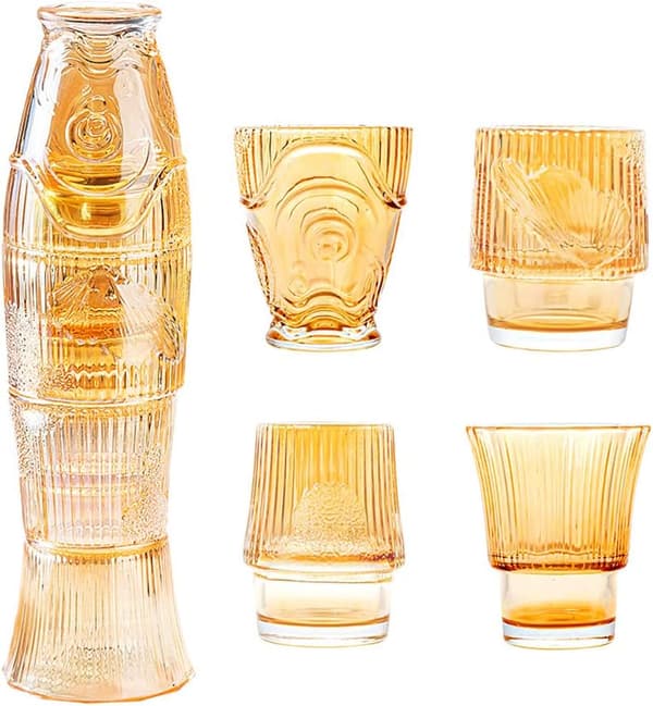 Sæt med 4 sammenklappelige glaskopper, karpemønster, til vand, drinks, te, kaffe osv. (Guld)