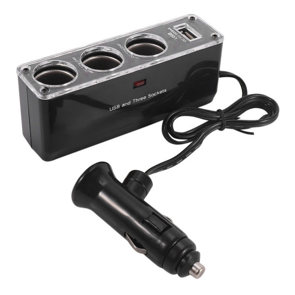 3-veis multikontakt splitter for bilens sigarettenneruttak med USB-kontakt, DC 12V/24V, trippeladapter med USB-port Black