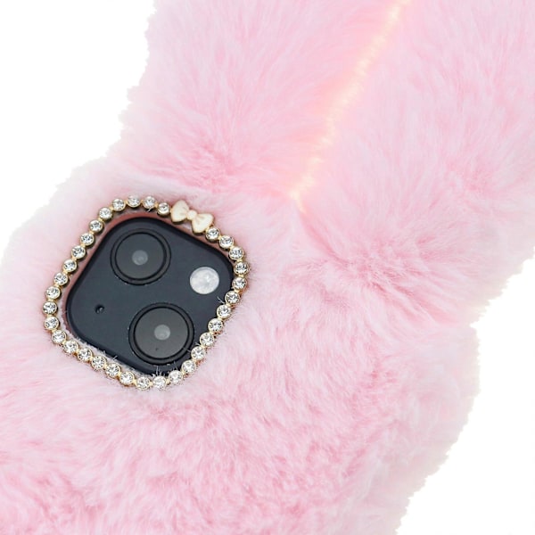 Mjuk Handgjord Fluffig Päls Söt Kanin Snygg Fodral Rhinestone Rosett Knyt TPU Skal för iPhone 13 6.1 tum - Pink