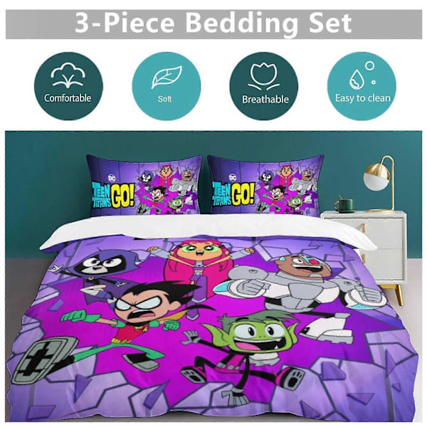 x314 Teen Titans Go 3-delat Sängklädesset Varmt och Bekvämt Mjukt Påslakanset med 1 Påslakan och 2 Örngott för Sovrum b314 200x200cm 78x78in