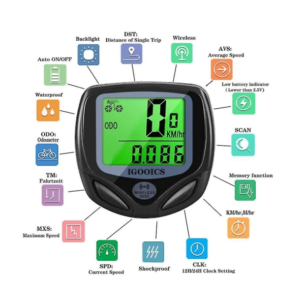 Pyörän nopeusmittari, langaton pyörätietokone vedenpitävä polkupyörän matkamittari, jossa on automaattinen herätys monitoiminen LCD-taustavalaistu näyttö (musta)