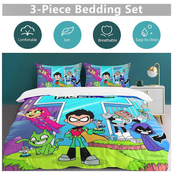 x132 Teen Titans Go 3-delt sengetøjssæt Varmt og behageligt blødt dynebetræk sengetøjssæt med 1 dynebetræk og 2 pudebetræk til soveværelse b132 200x200cm 78x78in