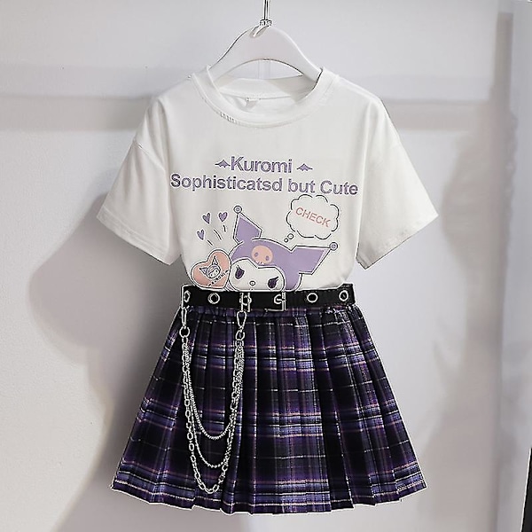 Sanrios tegneserie Kawaii jenter hvit T-skjorte dress Kuromi søt sommer kort ermet college Jk uniform skjørt barn trendy skjørt 140cm Kuromi2