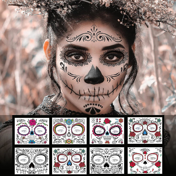 Day Of The Dead Face Tattoos - 8 ark Halloween Temporary Tattoos Face Sticker Kit Da De Los Muertos Glitter Röda Rosor Skeleton Sugar Skull Fake Tatt