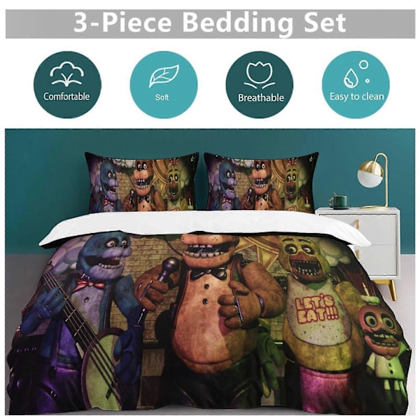 v1369 Five Nightat Freddy Dynebetræk Sæt Tyk Blød 3 Dele Sengelinned Sæt Helårs Dynebetræk med 2 Pudebetræk til Voksne Kvinder Piger Teenagere Hjem Værelse 240x260cm 94x102in
