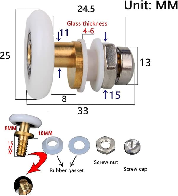 Set med 4 duschväggsrullar, skjutdörrrullar, hjul för duschdörrrullar, 25 mm duschväggsrullar, duschvägg
