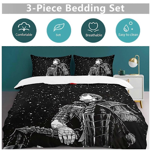 x283 Anime Berserk 3-delt Sengesett Varmt og Komfortabelt Mykt Dynetrekk Sengesett med 1 Dynetrekk og 2 Putetrekk for Soverom b283 135x200cm 53x78in