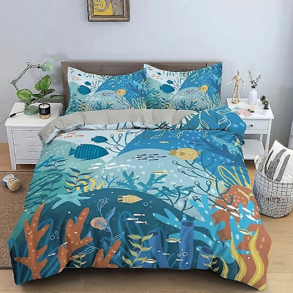 v90 Sängkläder Tecknad Undervattensvärld Havsdjur Sängklädesset, Påslakan Sängset Täcke Örngott, King Queen Twin Storlek Pojkar Flickor Vuxen 3-Delar 240x260cm 94x102in
