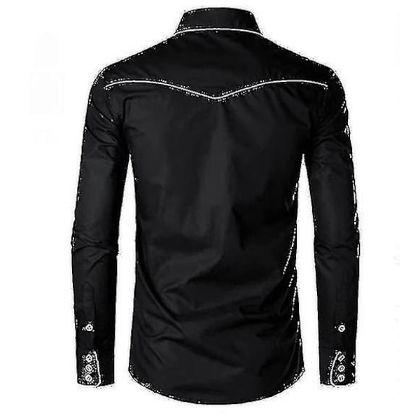 Herre Western Cowboy Skjorte Broderet Langærmet Casual Slim Fit Knap Skjorte black M