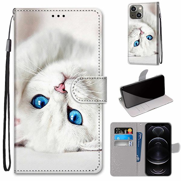 Fodral för iPhone 13 Mini Cover Magnetiska Kortplatser Kreativt Vitt Kattmönster Plånboksfodral Coque