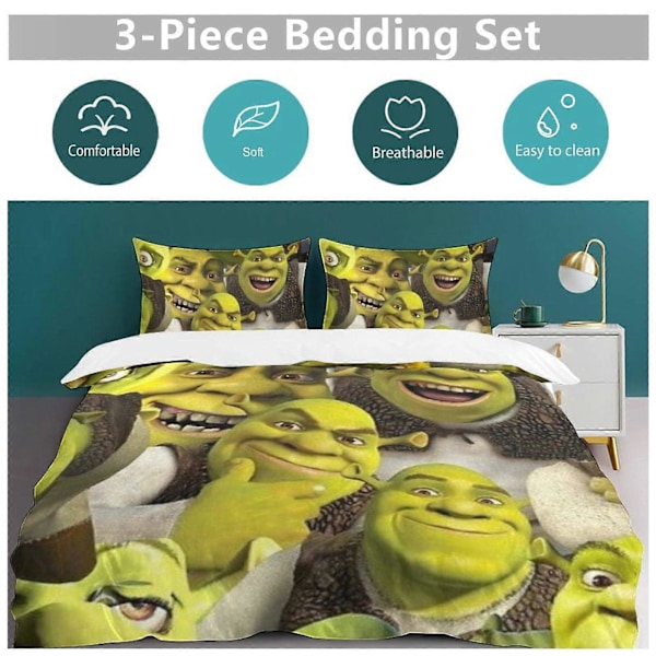 x95 Shrek 3-osainen vuodevaatesetti Lämmin ja mukava pehmeä pussilakanasetti 1 pussilakanalla ja 2 tyynyliinalla makuuhuoneeseen b95 135x200cm 53x78in