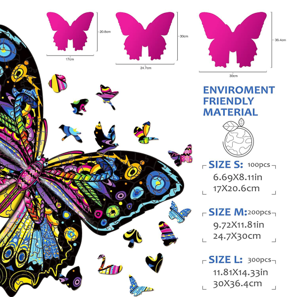 Puslespil, fantastisk gavelegetøj til voksne og børn, uregelmæssige og unikke puslespilsbrikker Medium Butterfly