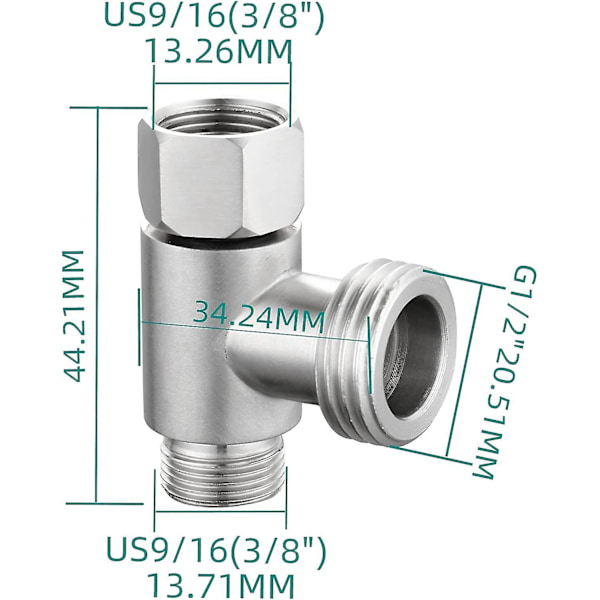 3-veis 3/8\" og 1/2\" 3-veis adapter T-kobling rustfritt stål 3/8\" vannledning T-fitting børstet nikkel