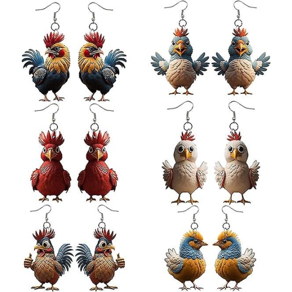 Akryl tuppkrok örhängen, julklappsdekoration akryl tecknad höna kyckling örhängen Söt gård kyckling smycken 6colors 6pcs