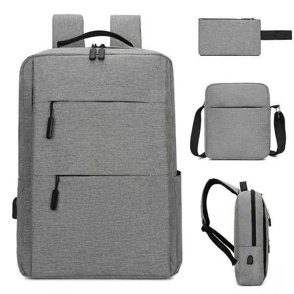 3 kpl/setti iso kapasiteetti liikemiesreppu USB-portilla, crossbody-olkalaukut, lompakkokotelo opiskelijoille ulkoilmatkalle Light Grey