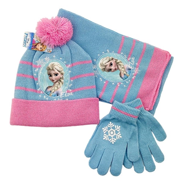 Lasten tyttöjen Frozen Elsa -hattu, huivi ja käsineet 3 kpl/setti Talvi lämmin ulkokäyttöön neulottu pom pom -pipo lahjat Light Blue And Pink