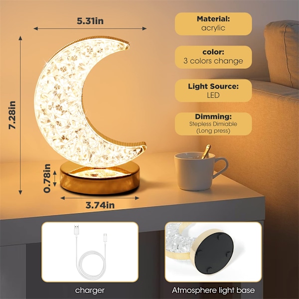 Månelampe, 3 fargemoduser Touch Lunar Lamp, Krystallbordlampe for barn Flickr rom Ramadan-dekorasjoner Moon