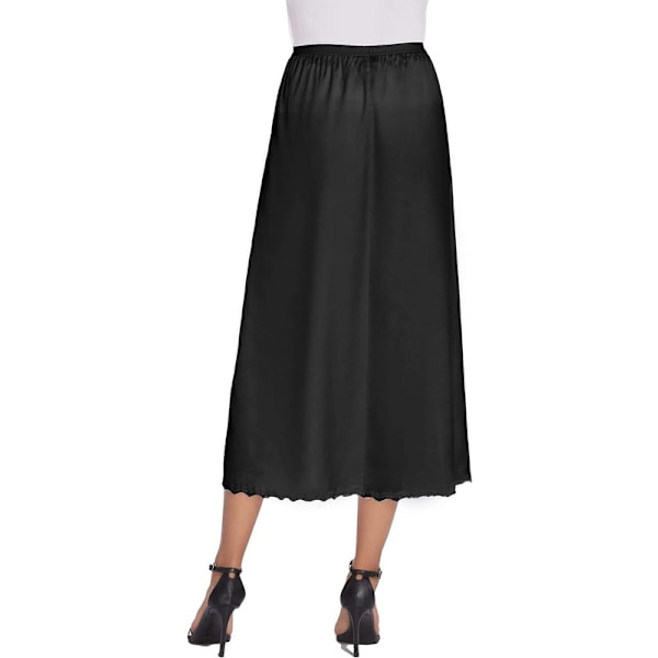 Satinunderkjol med spets för kvinnor, lång underkjol svart black XL