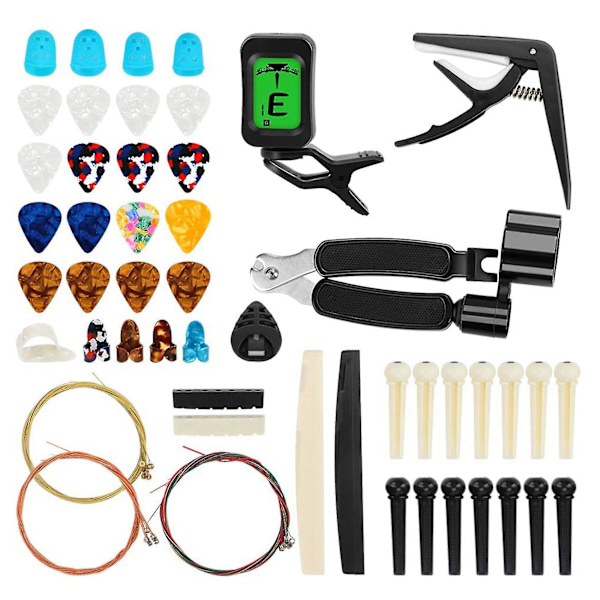 65 stk gitartilbehørsett med gitarstrenger, tuner, capo, plekter, plekterholder, tommelfingerplekter As Shown