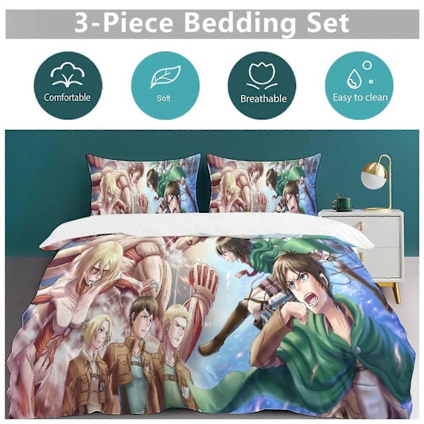 v1281 Attack On Titan Dynesett Tykkere Mykt 3 Deler Sengetøy Sett Helårs Dynetrekk med 2 Putetrekk for Voksne Kvinner Jenter Tenåringer Hjem Rom Deco 135x200cm 53x78in