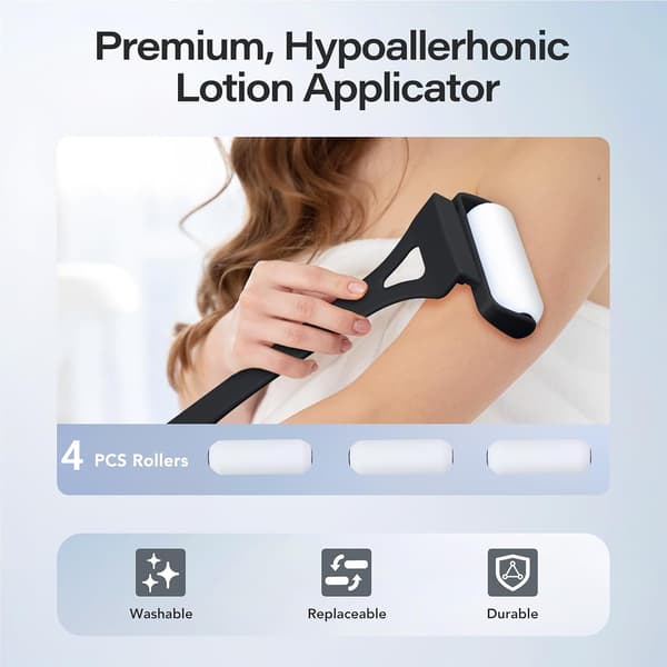 Back Lotion Applicator with Long Handle, 4 Reusable Foam Rollers & Foldable Design for Easy Self-Application, Black Black