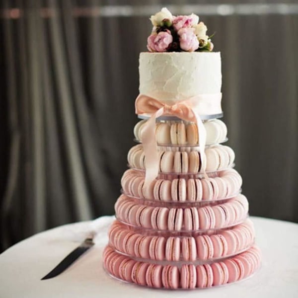6-kerroksinen macaron-torni, läpinäkyvä pyöreä macaron-torni, macaron-näyttöhyllyteline