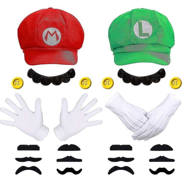 Super Mario Bros Mario og Luigi Hatte Kasketter Overskæg Handsker Knapper Cosplay Kostume