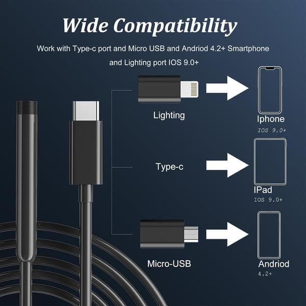 Endoscope Camera with Light, 1920P HD Endoscope, 5 Meter Semi-Rigid Snake Cable, Compatible with Android, iPhone, iPad