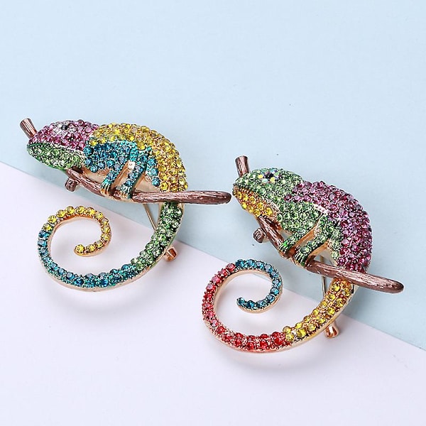 2 st emalj kristall strass kameleont ödla charm brosch pin present