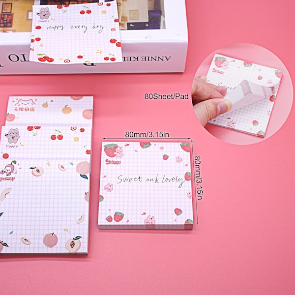 Sødt Sticky Notes Kawaii Sticky Notes 3.1x3.1in 4Pads 80Sheets/Pad Selvhæftende Note Pads Sødt Farverige Super Sticky Note Pads 4 Unikke Søde Mønstre