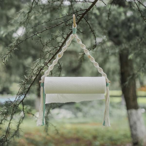 Farfi Paper Roll Holder Macrame Smooth Stick Monikäyttöinen Ulkona Ripustettava Paperipyyheteline Kotiin Leirintään Beige
