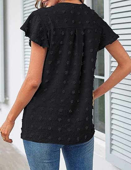 Halsruffle Kortermet Bluse Swiss Dot Flowy Skjorte
