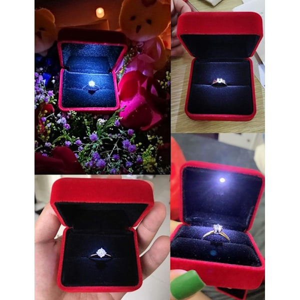 (Röd) Sammet Ringask med LED-ljus Ringbox för bröllop, frieri, förlovning